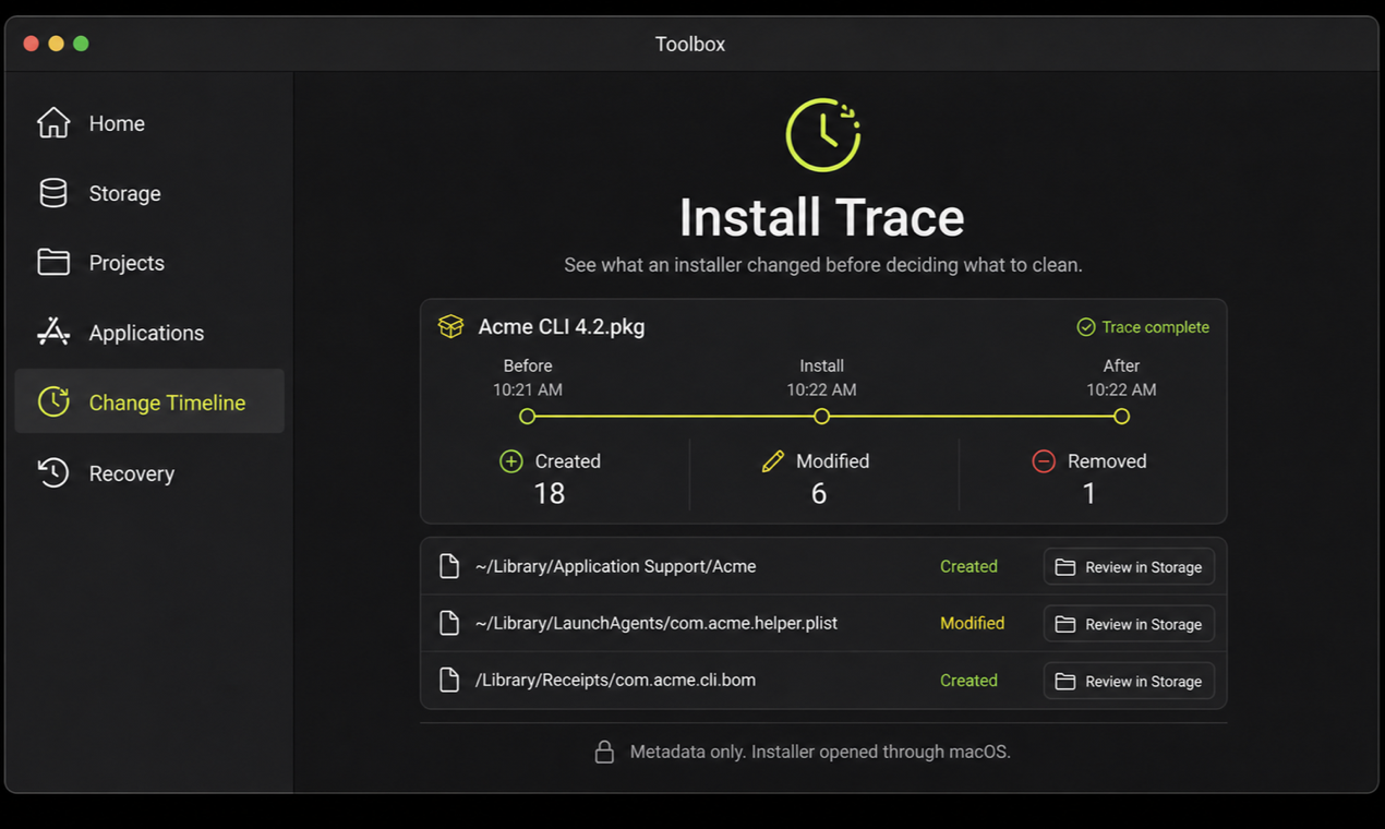 Representative Toolbox Install Trace with before and after evidence
