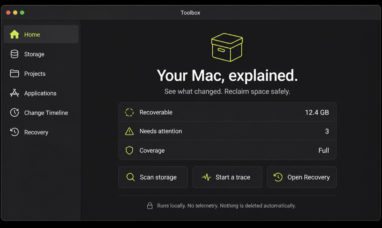 Representative Toolbox Home screen with storage, attention, and coverage summaries