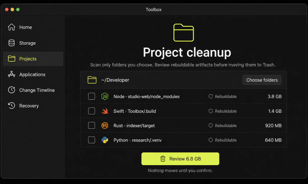 Representative Toolbox Projects screen showing rebuildable artifacts