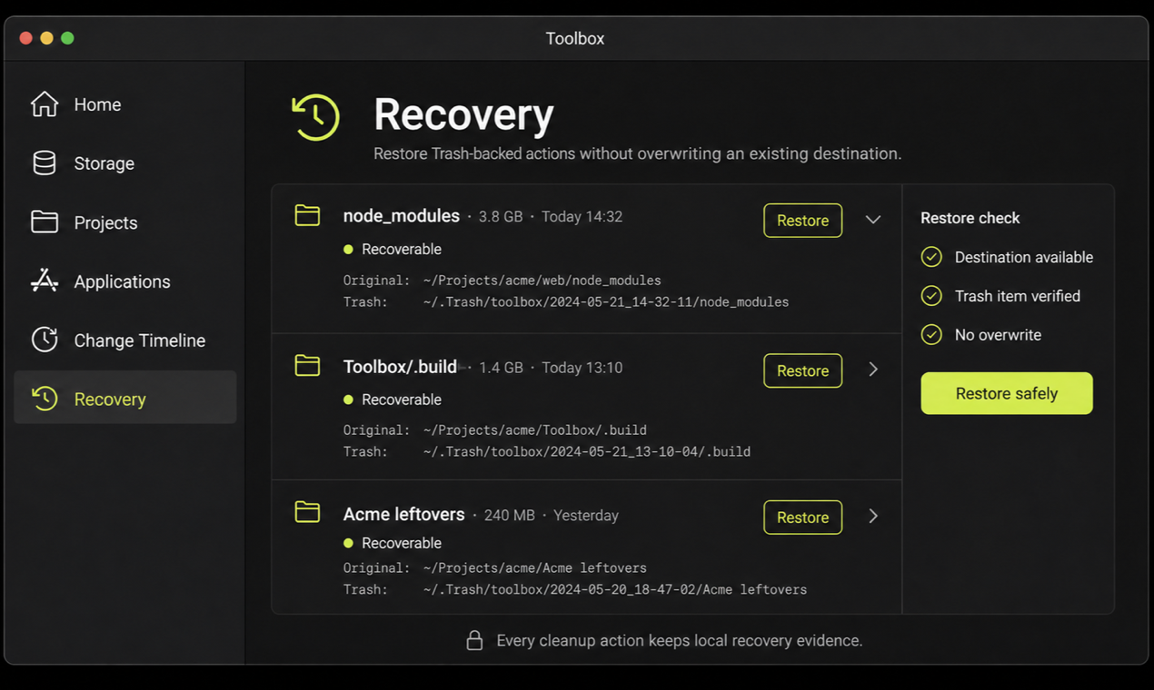 Representative Toolbox Recovery screen with restore verification
